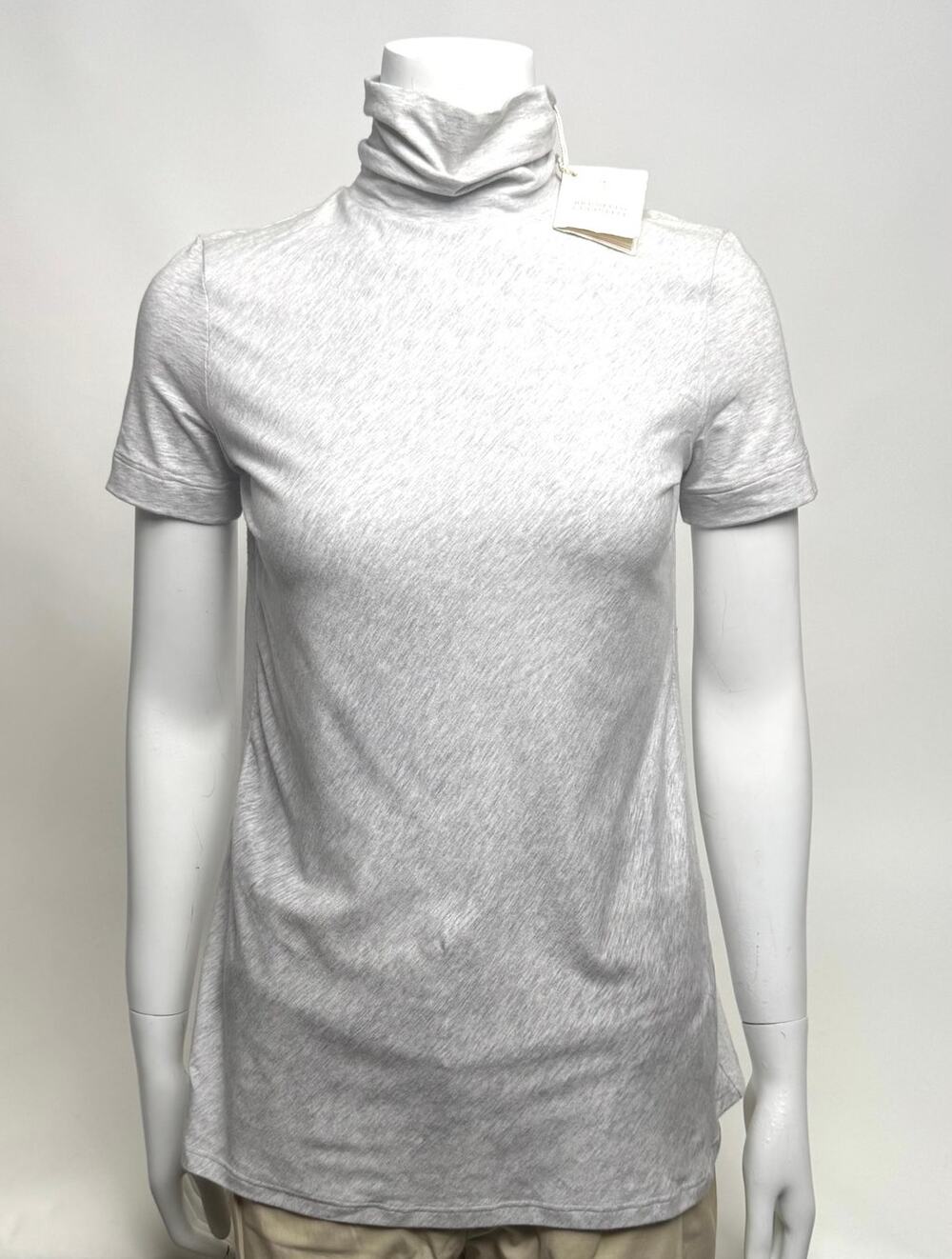Brunello Cucinelli NWT Light Gray Mock Neck Zip Back Gather Detail Top Size S